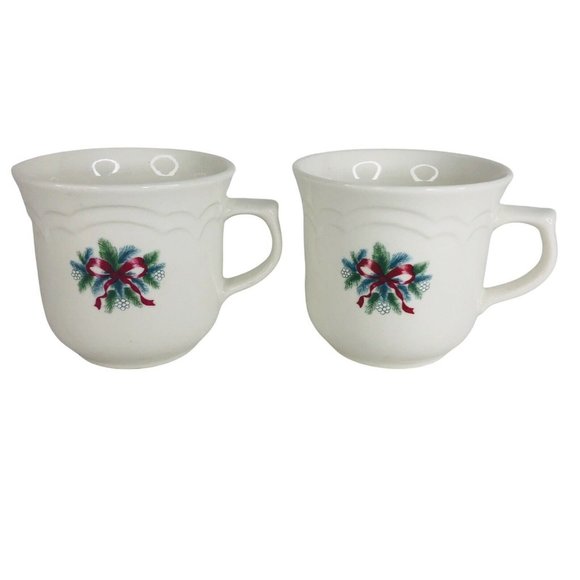 4 Pfaltzgraff Red Ribbon Cup And Saucer Sets Stoneware Christmas Holiday Vintage - Picture 4 of 11